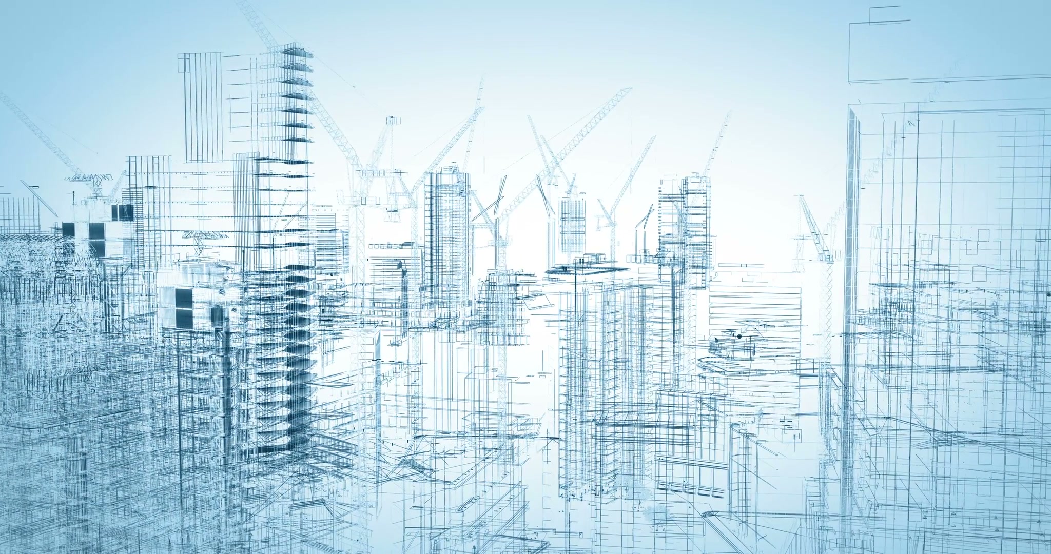 Digital wireframe cityscape with construction cranes